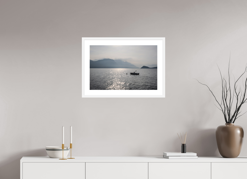 24 x 16″, White Frame Boat on Como