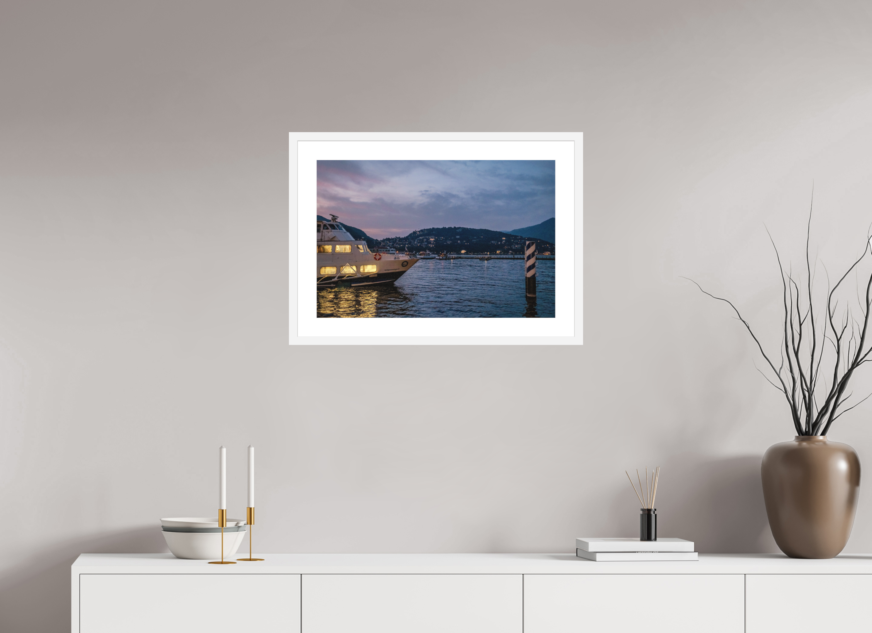 24 x 16″, White Frame Evening Ferry