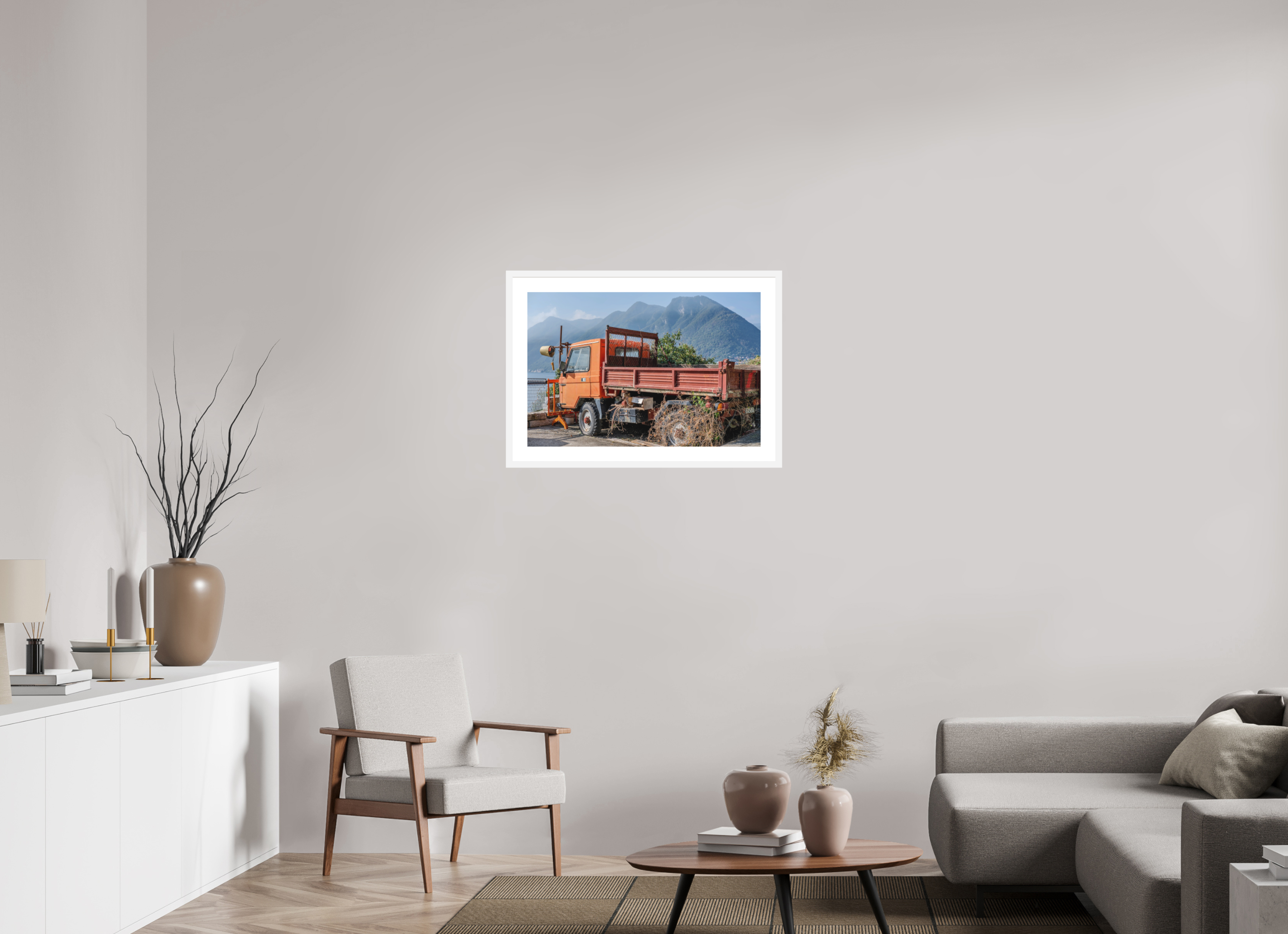 30 x 20″, White Frame Forgotten Trucks View