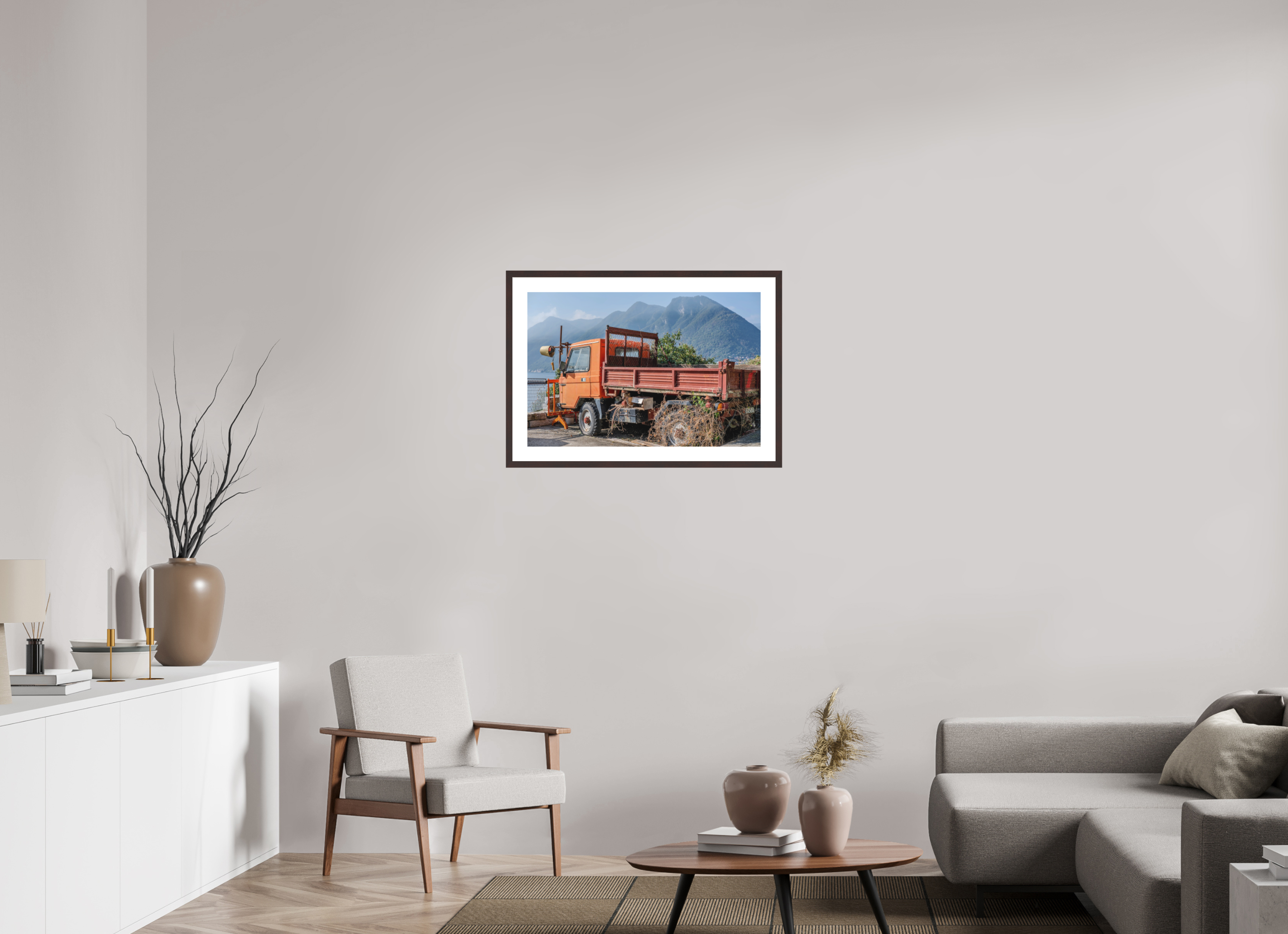 30 x 20″, Brown Frame Forgotten Trucks View