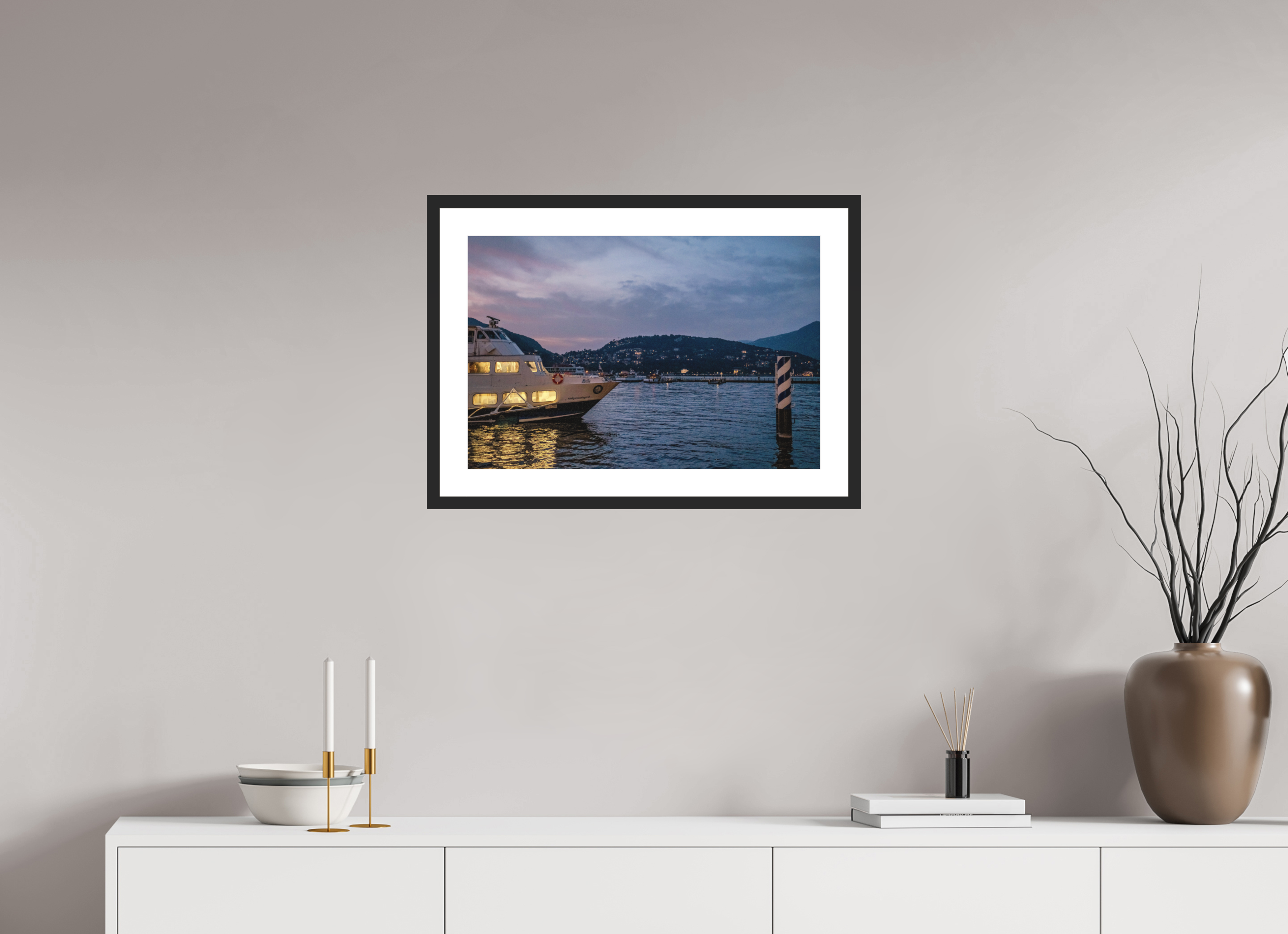 24 x 16″, Black Matte Frame Evening Ferry