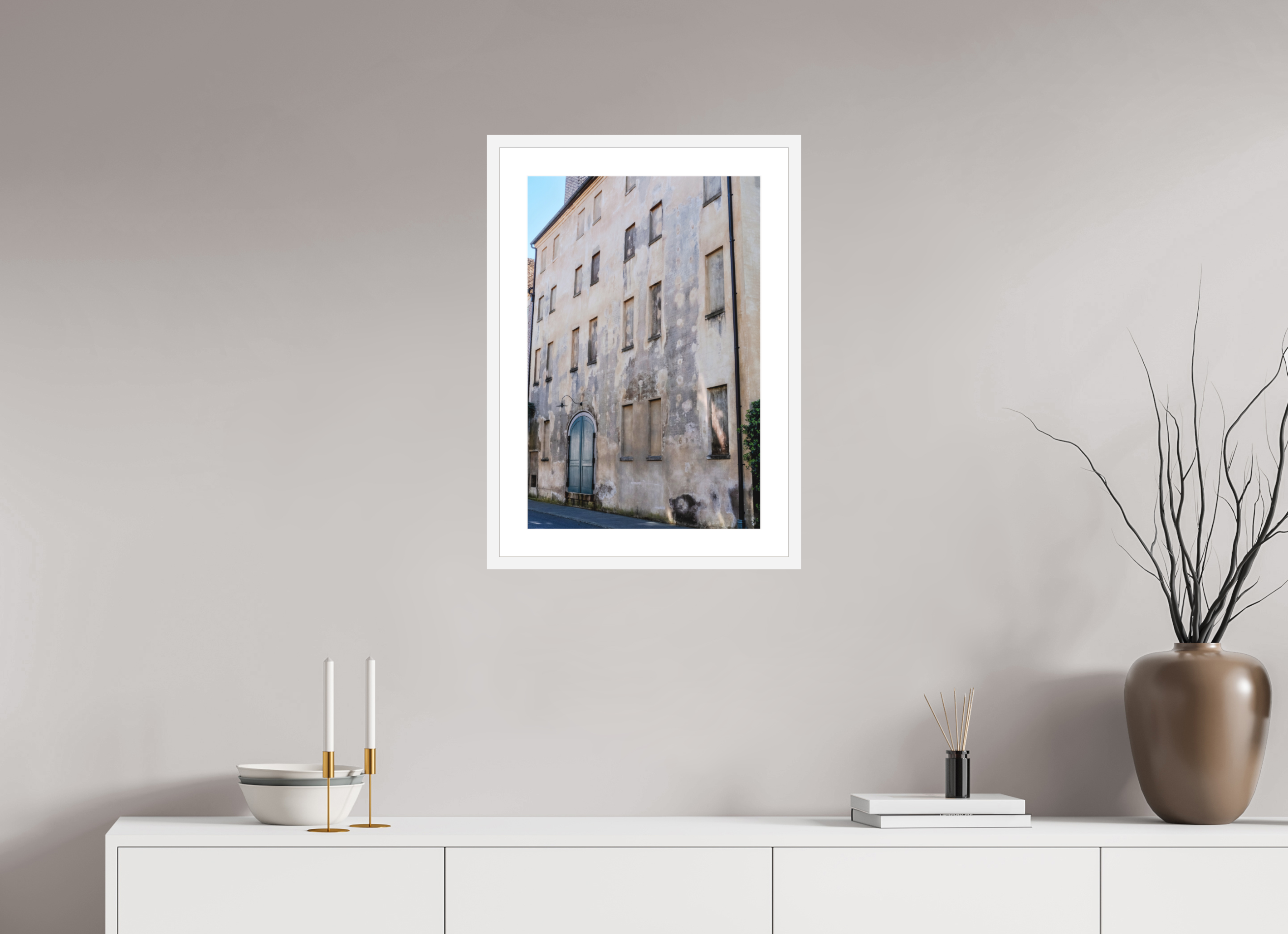 16 x 24″, White Frame Concrete Building